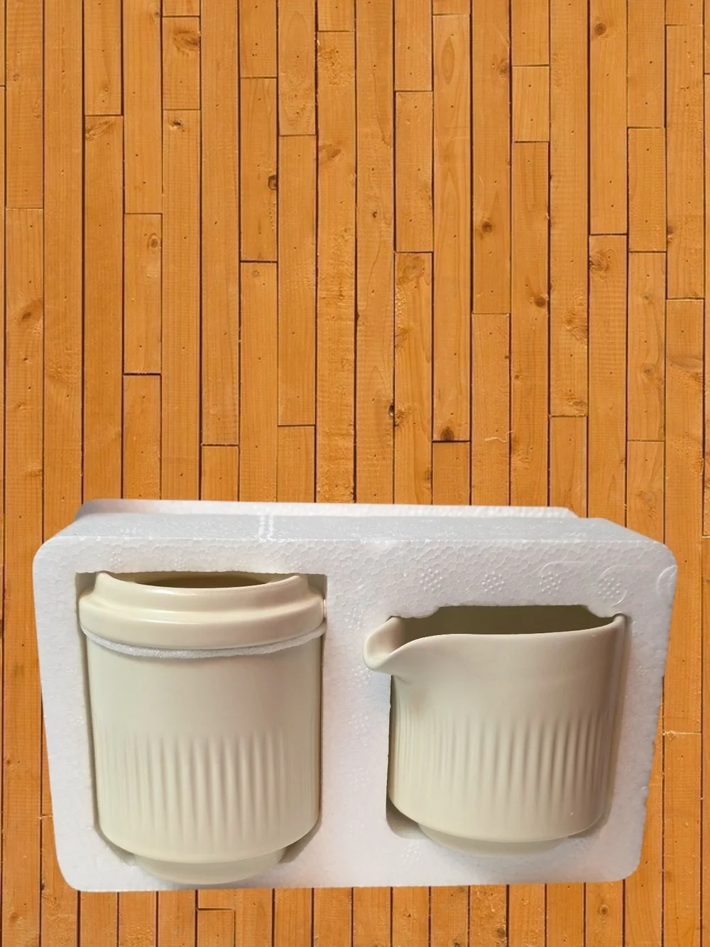 Citrine by Magenta Ribbed Ceramic Creamer & Sugar Jar Set NIB Neutral Kitchen